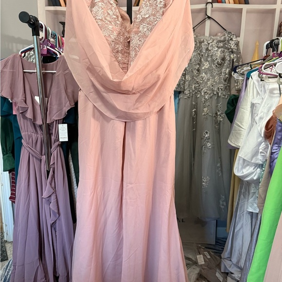 NWOT-Chic Blush Maxi Dress with Lace Accents has Cape sleeves. New no tags - Picture 7 of 10